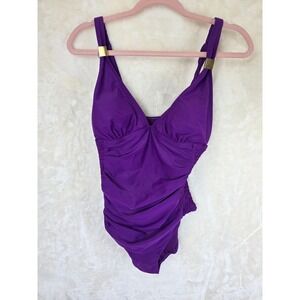 Catalina Purple Ruched One Piece Swimsuit Medium Gold Hardware Smocked Back